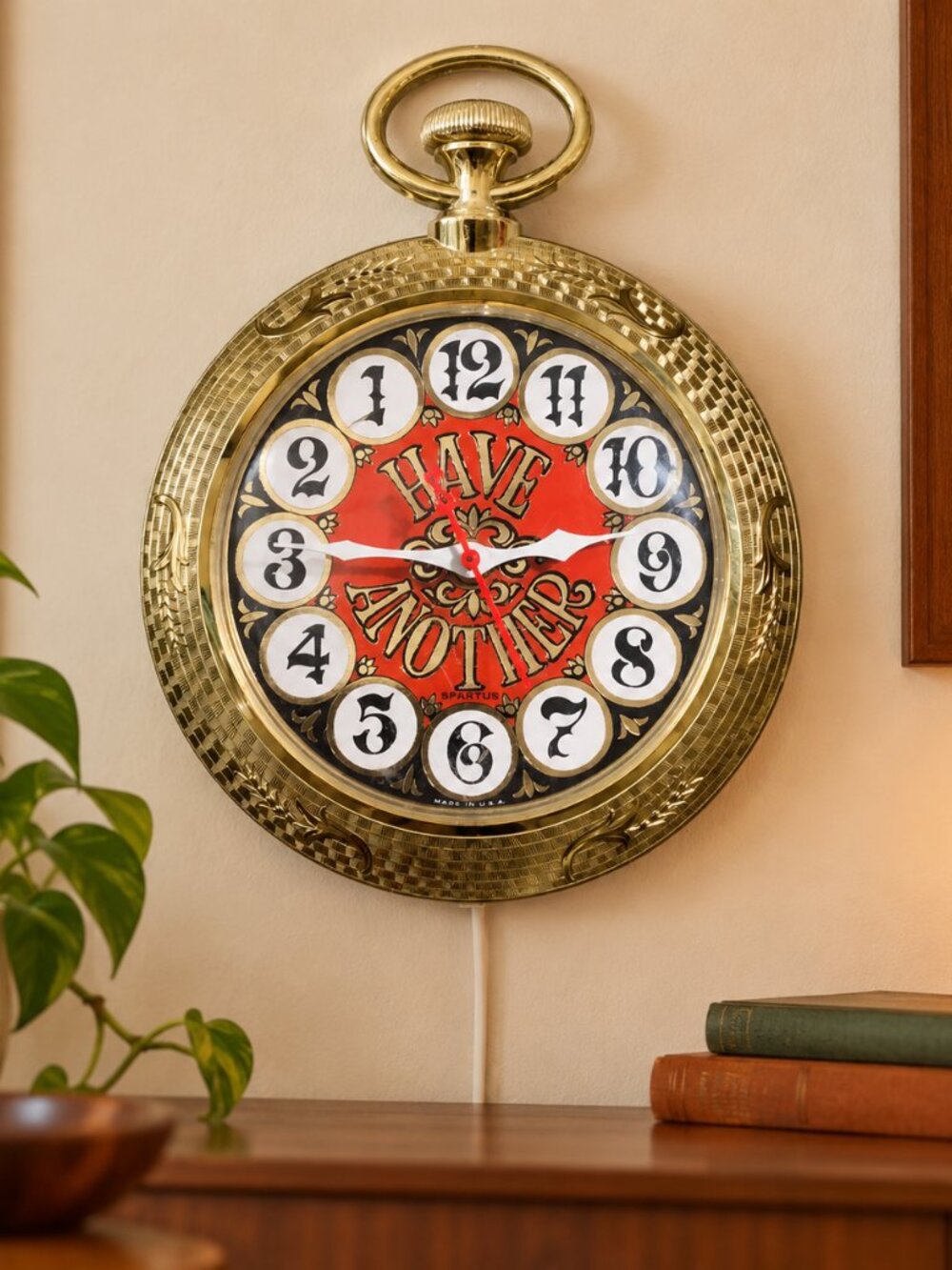 Vintage Spartus Have Another Backwards Wall Clock MCM Gold Pocket Watch Bar Deco